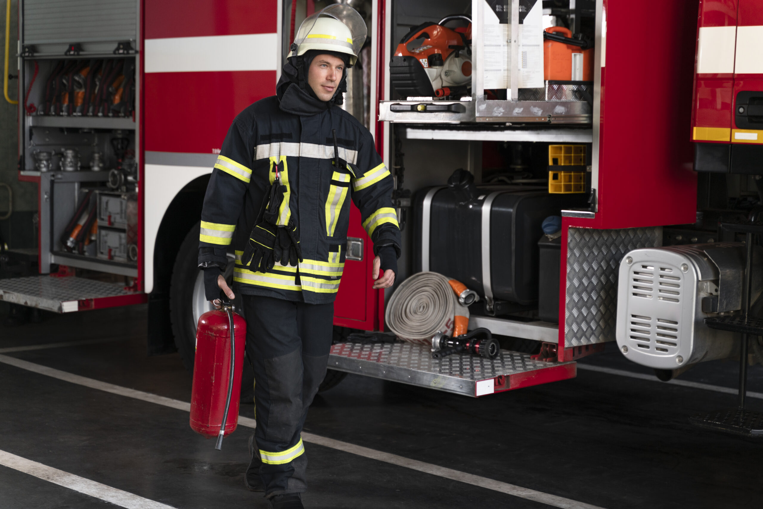 male firefighter station equipped with suit safety helmet
