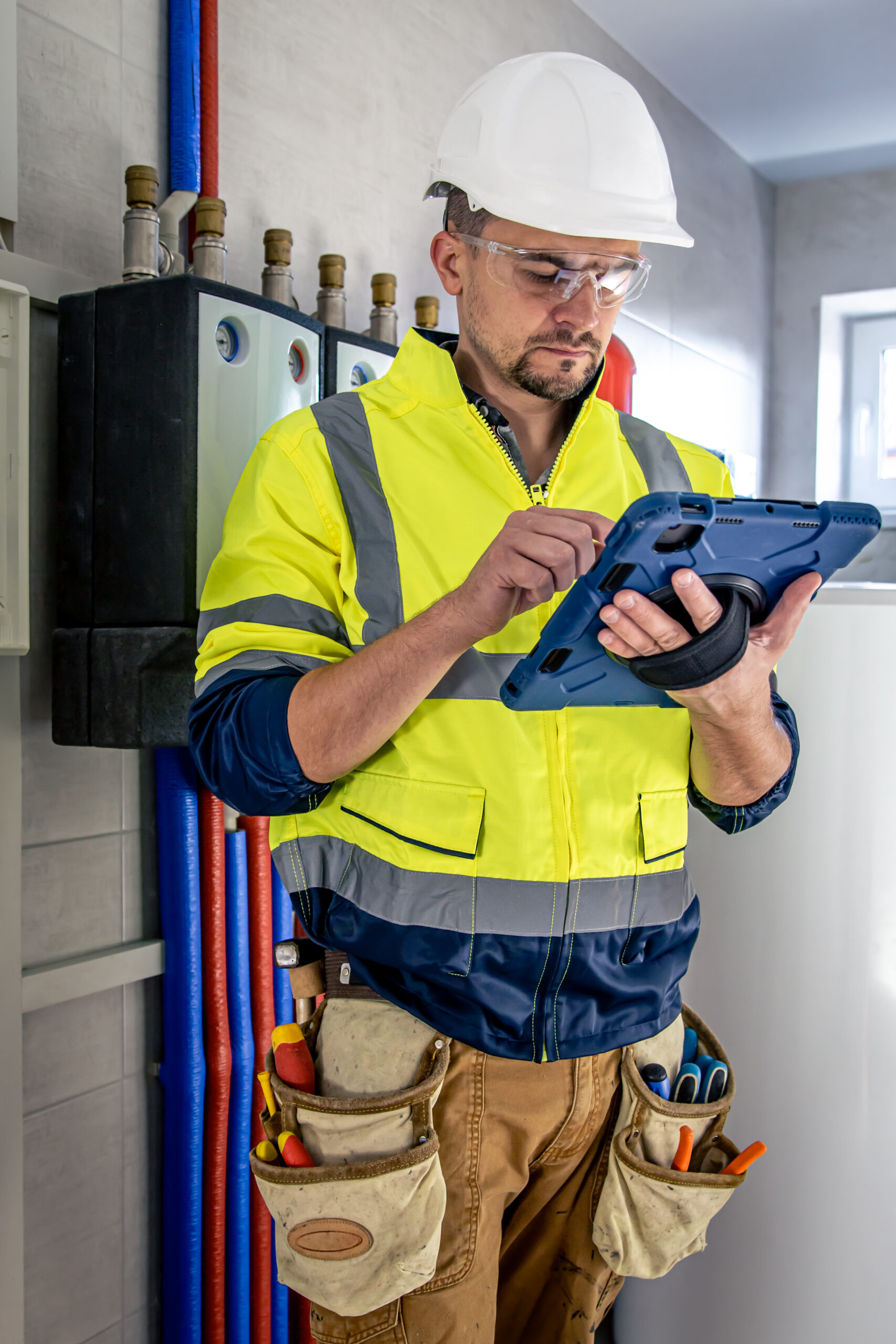 man, an electrical technician working in a switchboard with fuses, uses a tablet.