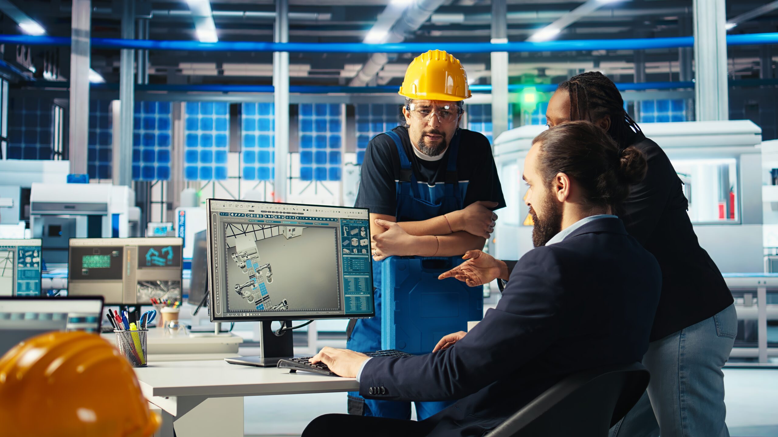 team leader tells workers how to optimize energy supply in photovoltaics factory