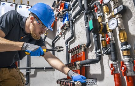 the technician checking the heating system in the boiler room.